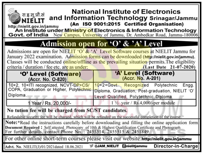 JK NIELIT Admission open for ‘O’ & ‘A’ Level. | JKAlerts