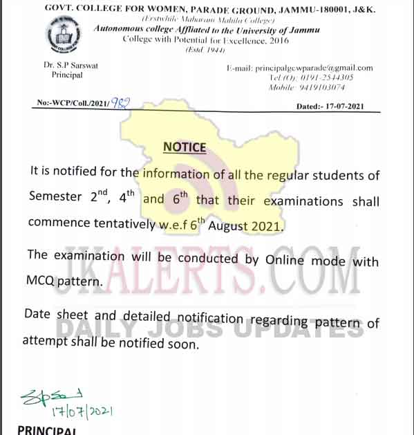 GCW Parade UG examination schedule. JKAlerts JK Updates.