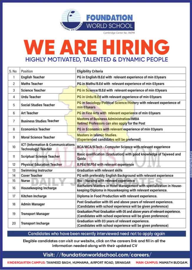 Foundation World School Jobs Recruitment 2021. JKAlerts