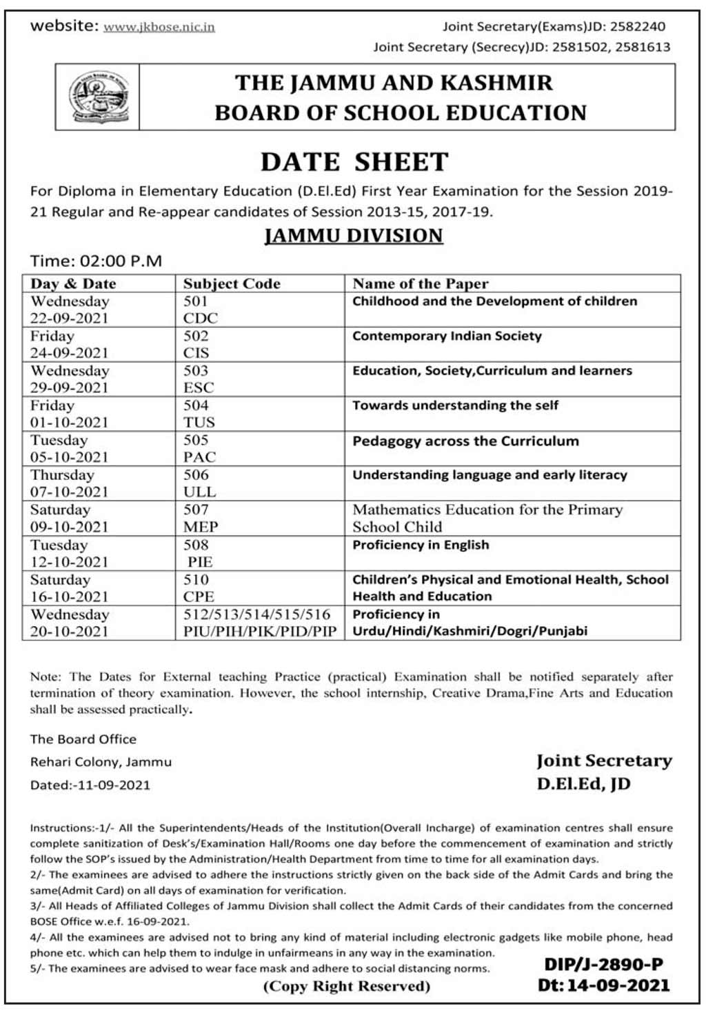 JKBOSE D.EI.Ed Date Sheet 2021 Jammu Division. JKAlerts