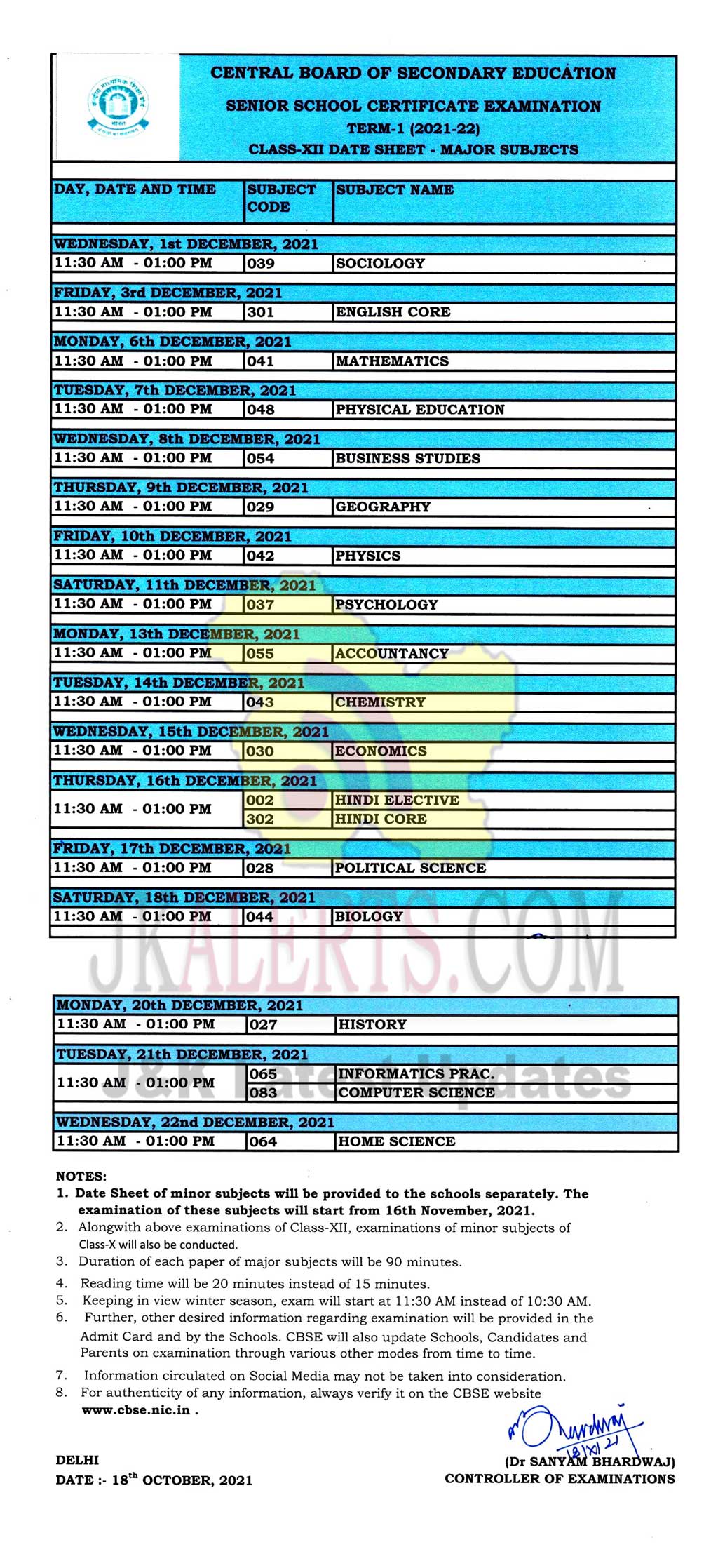 CBSE Class 12th Date sheet 2021. JKAlerts JK Updates.