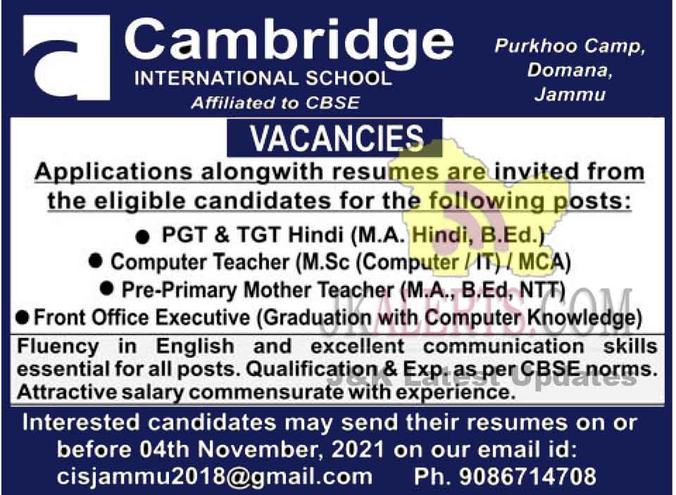 Cambridge International School Jammu jobs. JKAlerts