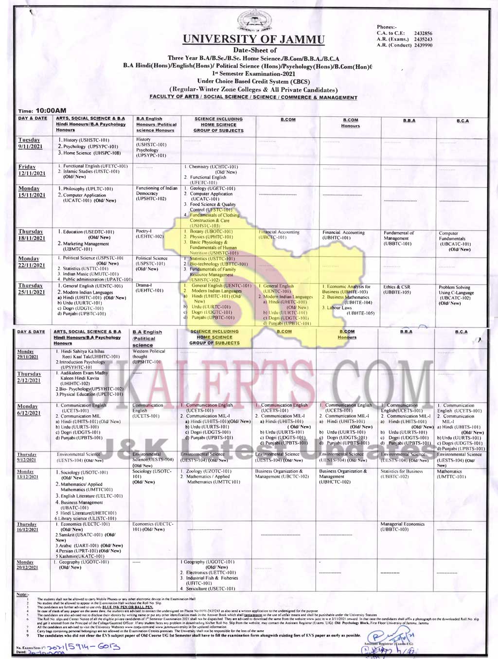 Jammu university Date Sheet 2021 UG CBSE. JKAlerts