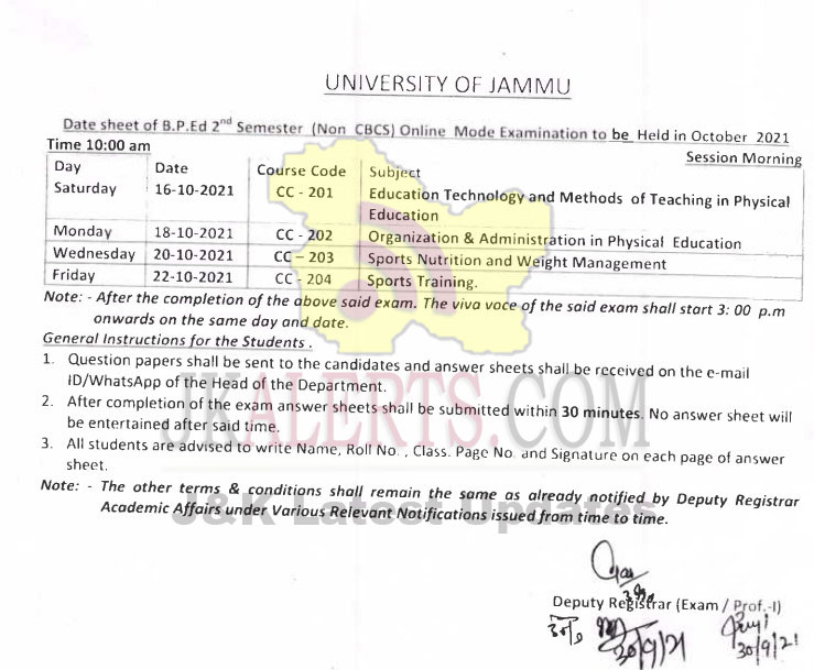 Jammu University B.P. Ed. Date Sheet. | JKAlerts JK Updates