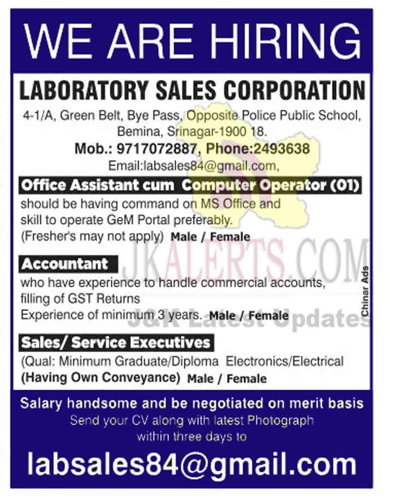 Laboratory Sales Corporation Srinagar jobs. JKAlerts