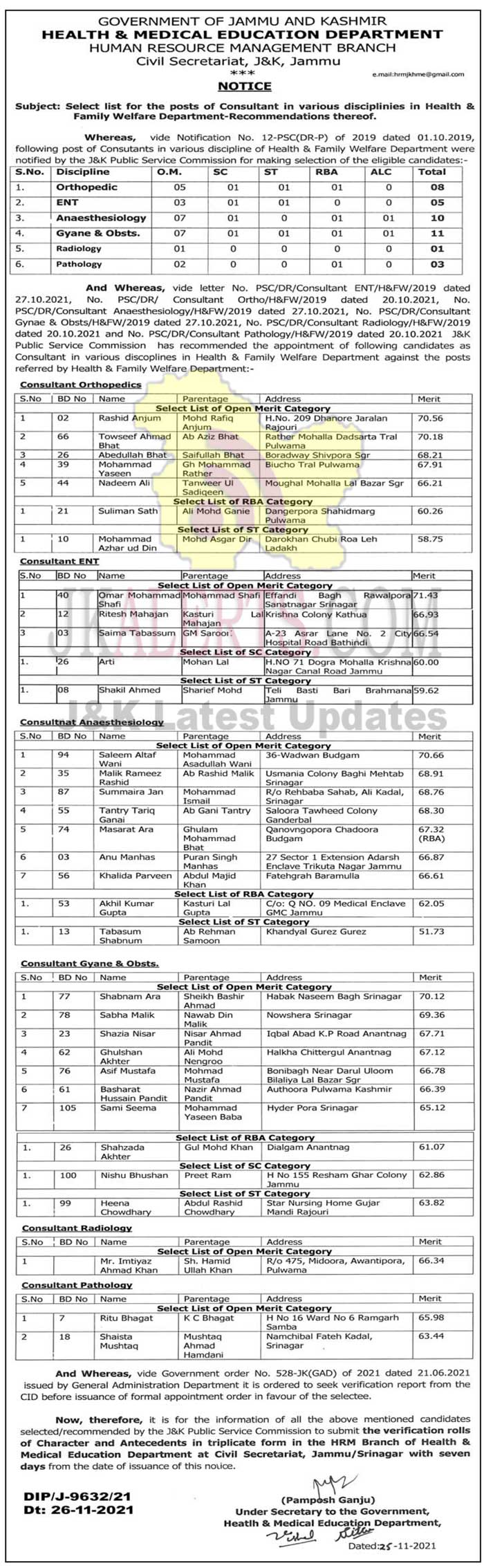 J&K Health & Family Welfare Department Consultant Selection List.