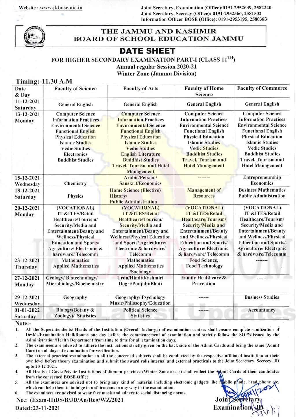 JKBOSE Date Sheet Class 11 WZ, Jammu Div. JKAlerts