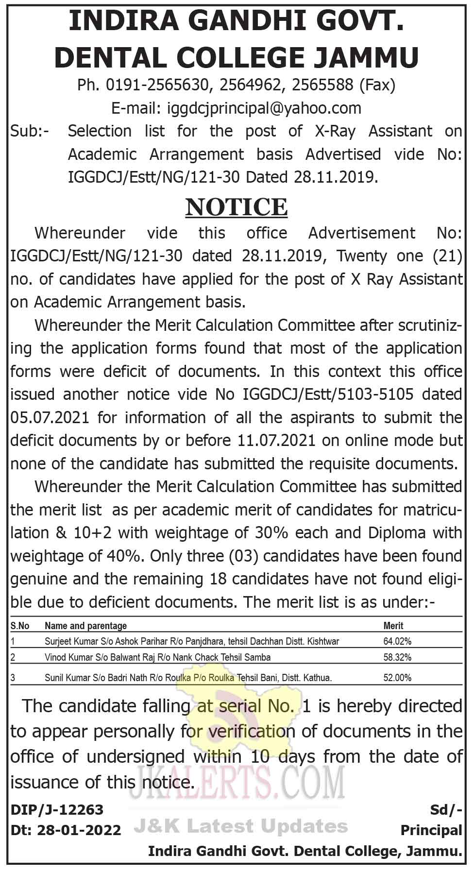 Dental College Jammu XRay Assistant Selection list. JKAlerts JK Updates.