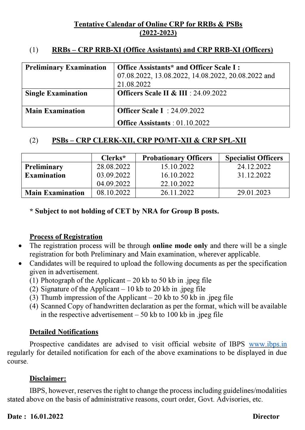 IBPS Tentative Calendar of Online CRP for RRBs & PSBs (20222023)