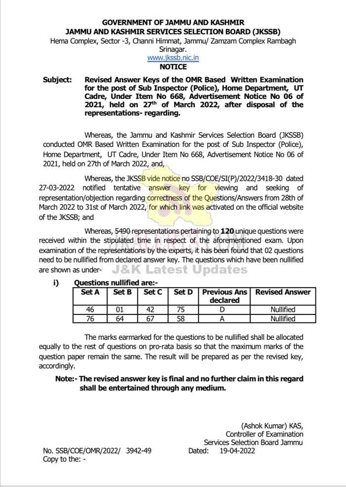 JKSSB SI Revised Answer Key. JKAlerts JK Updates.