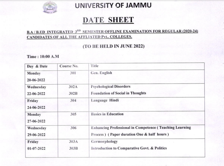 University of Jammu Datesheet B.A/B.ED integrated 3rd