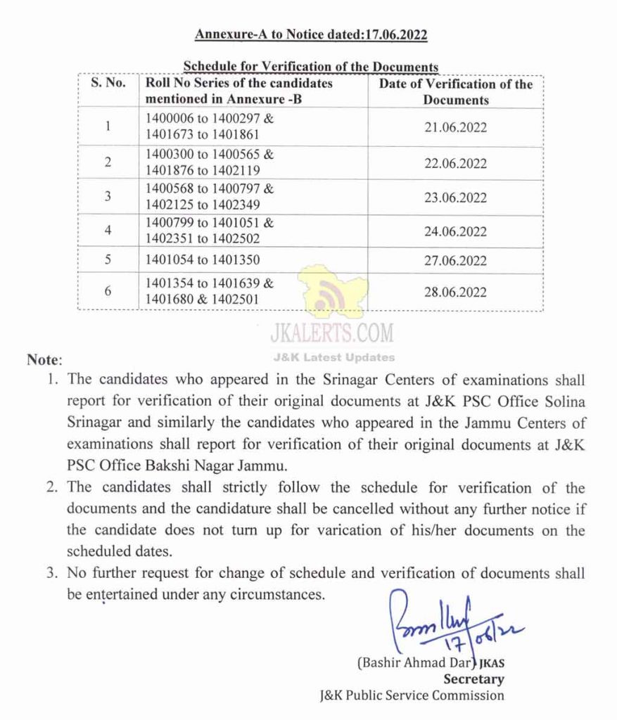 JKPSC Medical Officer H&FW Document Verification.