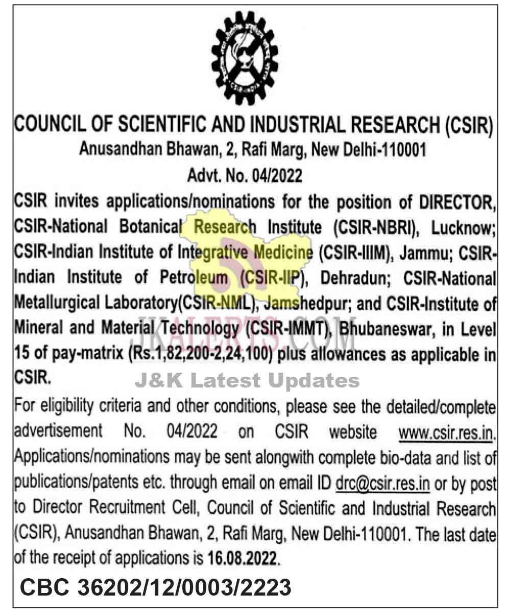 Csir Jobs Recruitment 2022 Jkalerts Jk Updates