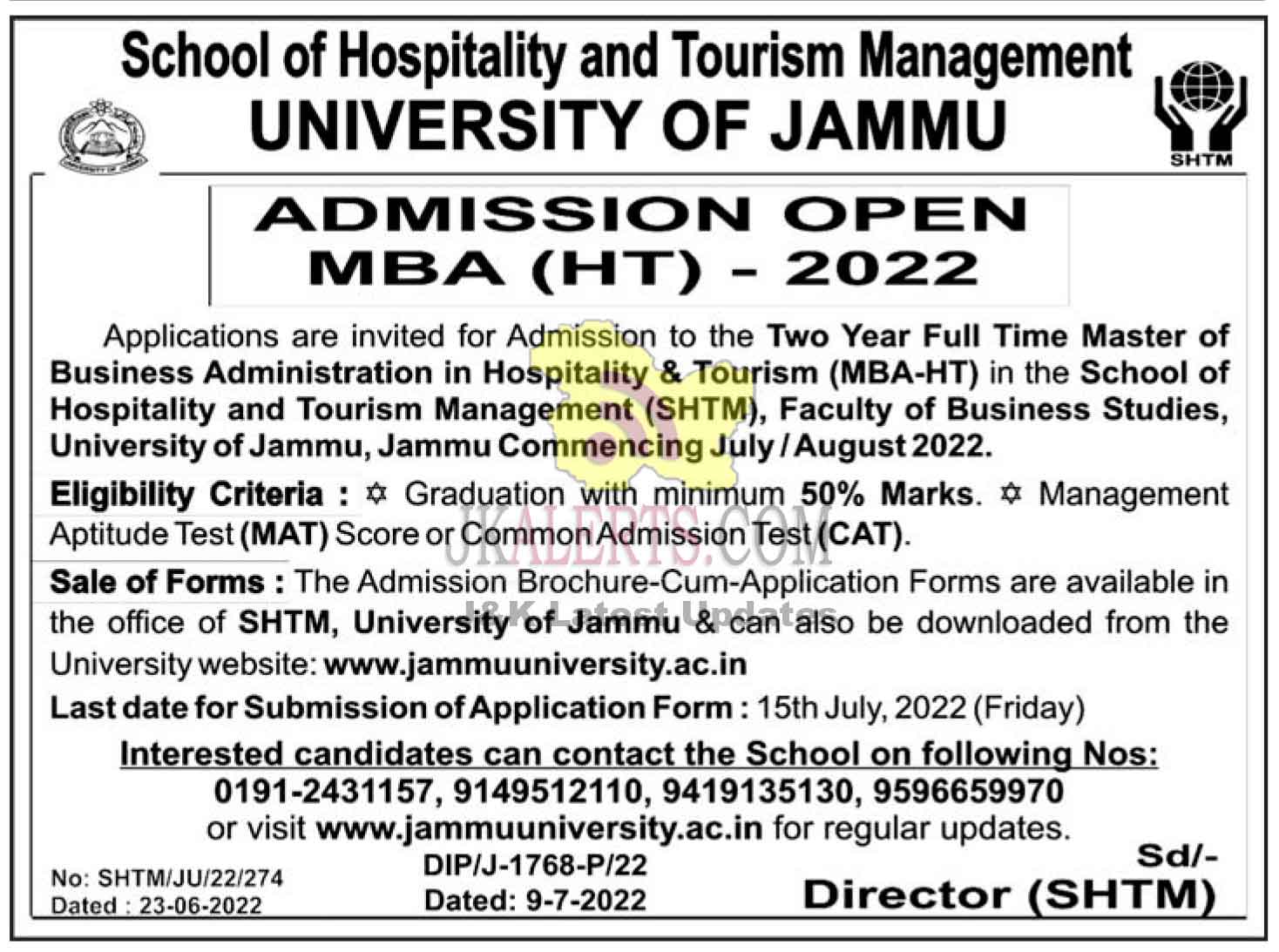 University of Jammu Admission Open (MBA-HT) 2022 | JKAlerts