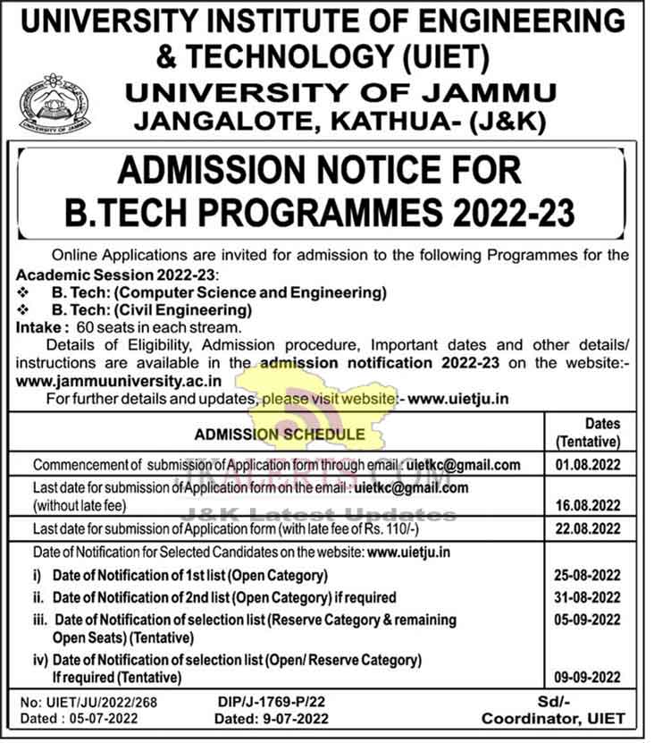 University Of Jammu Admission Notice For B.TECH Programmes