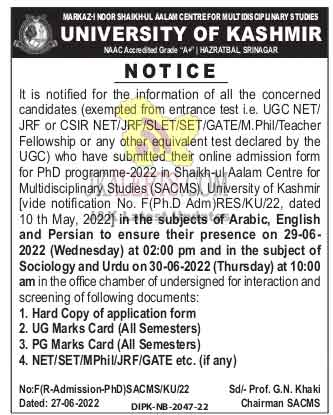 phd admission 2022 university of kashmir