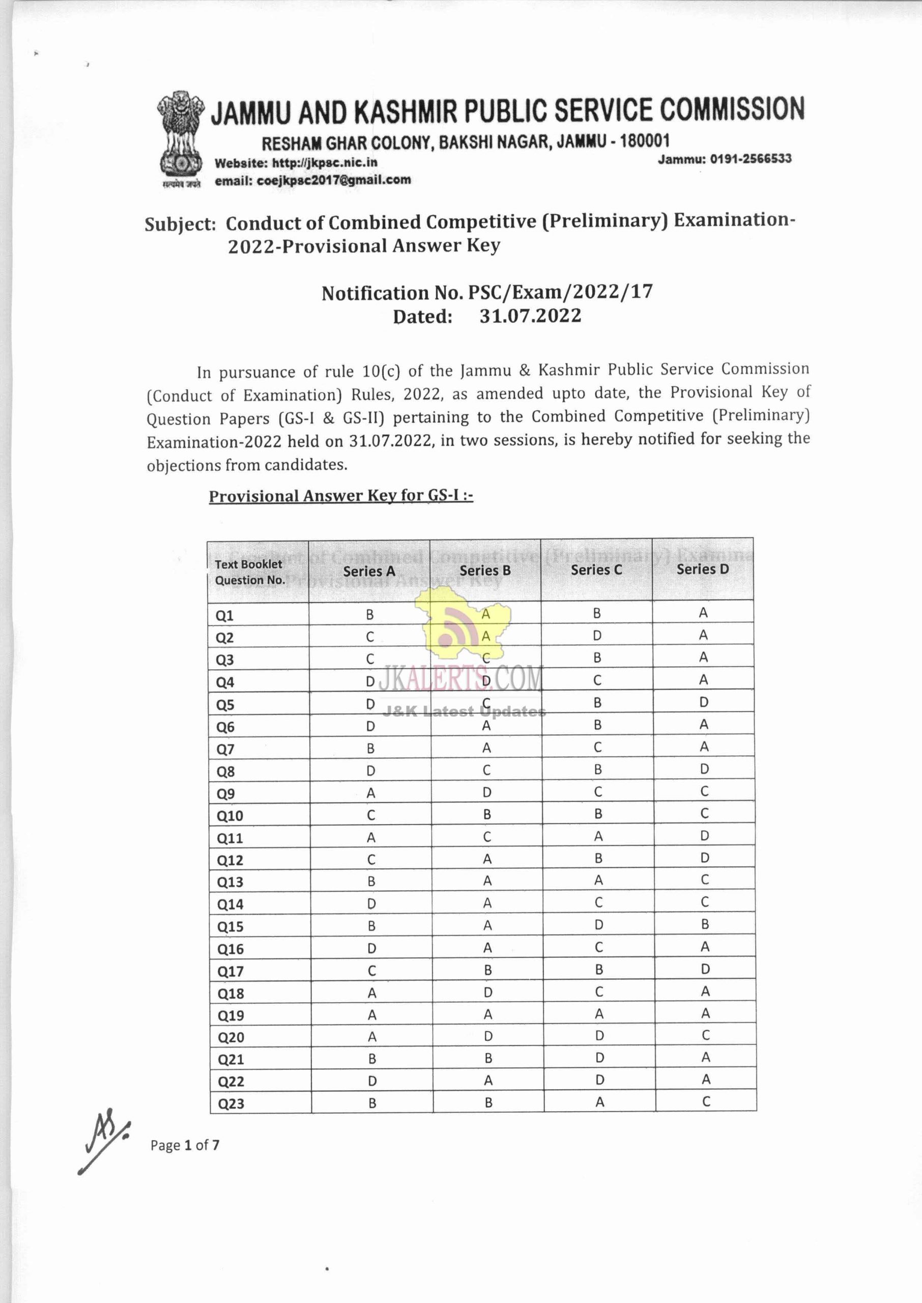 J and K Combined Competitive Pre Exam Answer Key. JKAlerts