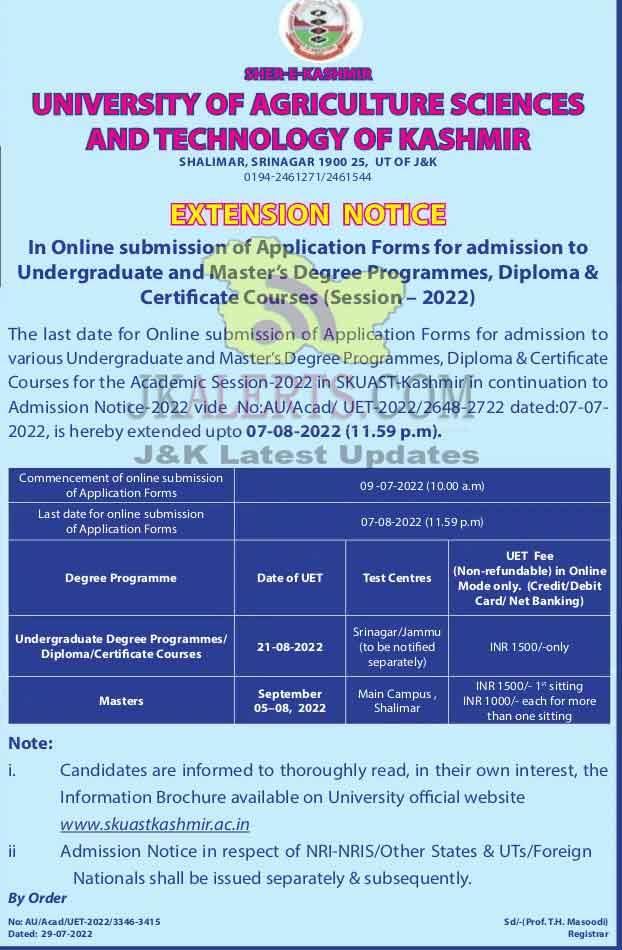 SKUAST Kashmir extended last date for Degree, Diploma, ceritficate ...