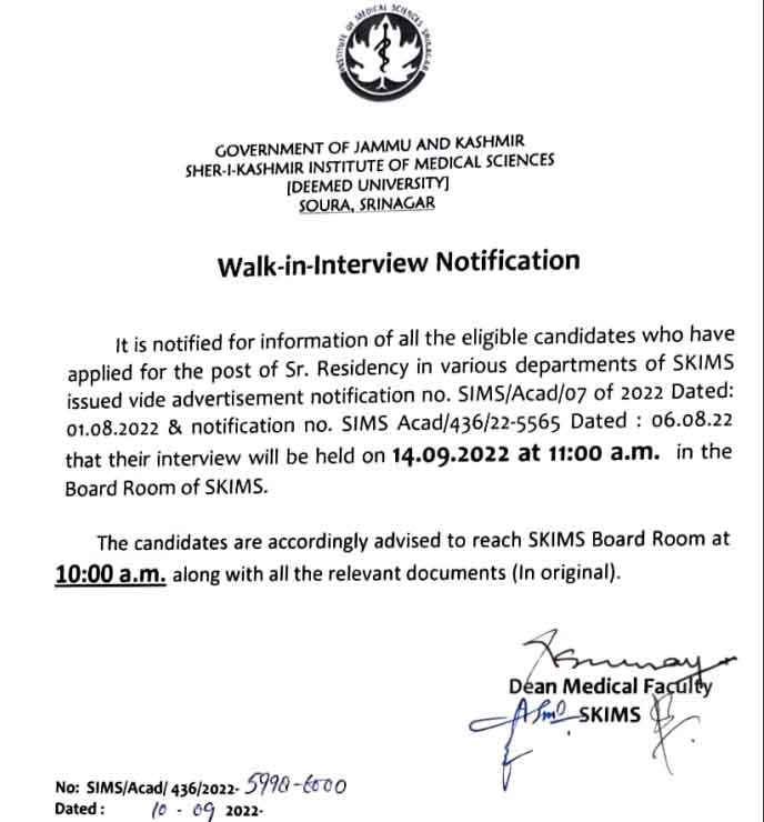 SKIMS Soura Senior Residency Interview Schedule.