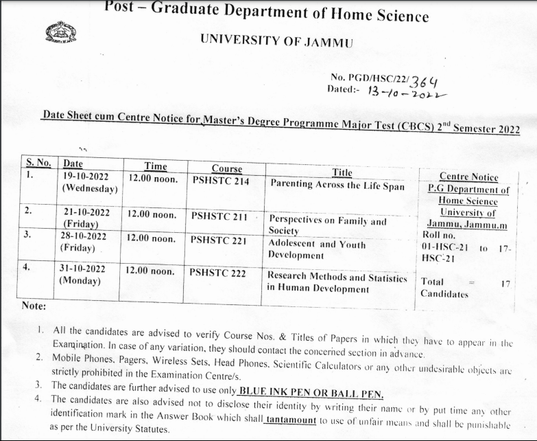 Jammu University Date Sheet for PG Home Science JKAlerts JK Updates.