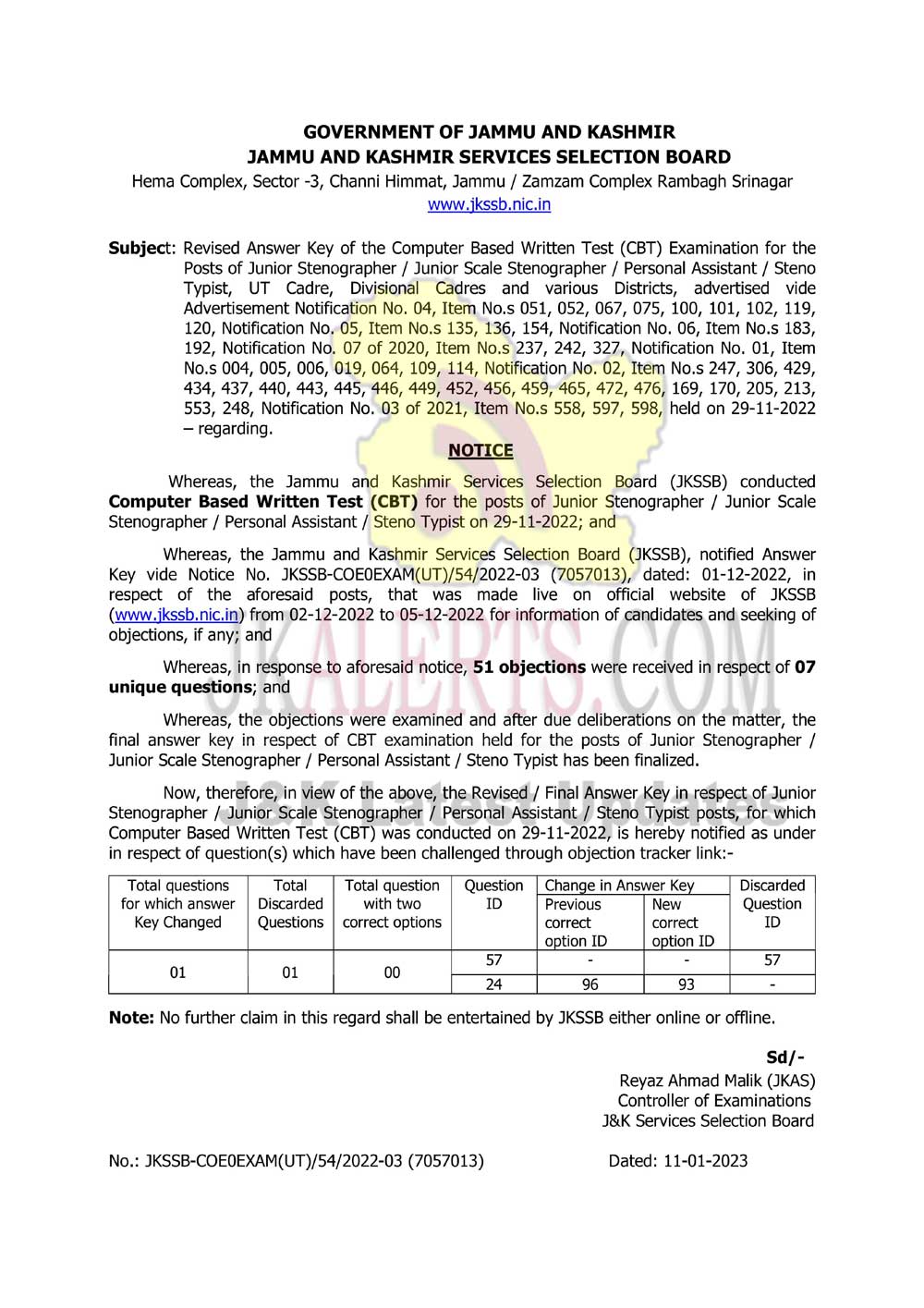 JKSSB Revised Answer key Notification Junior Stenographer.