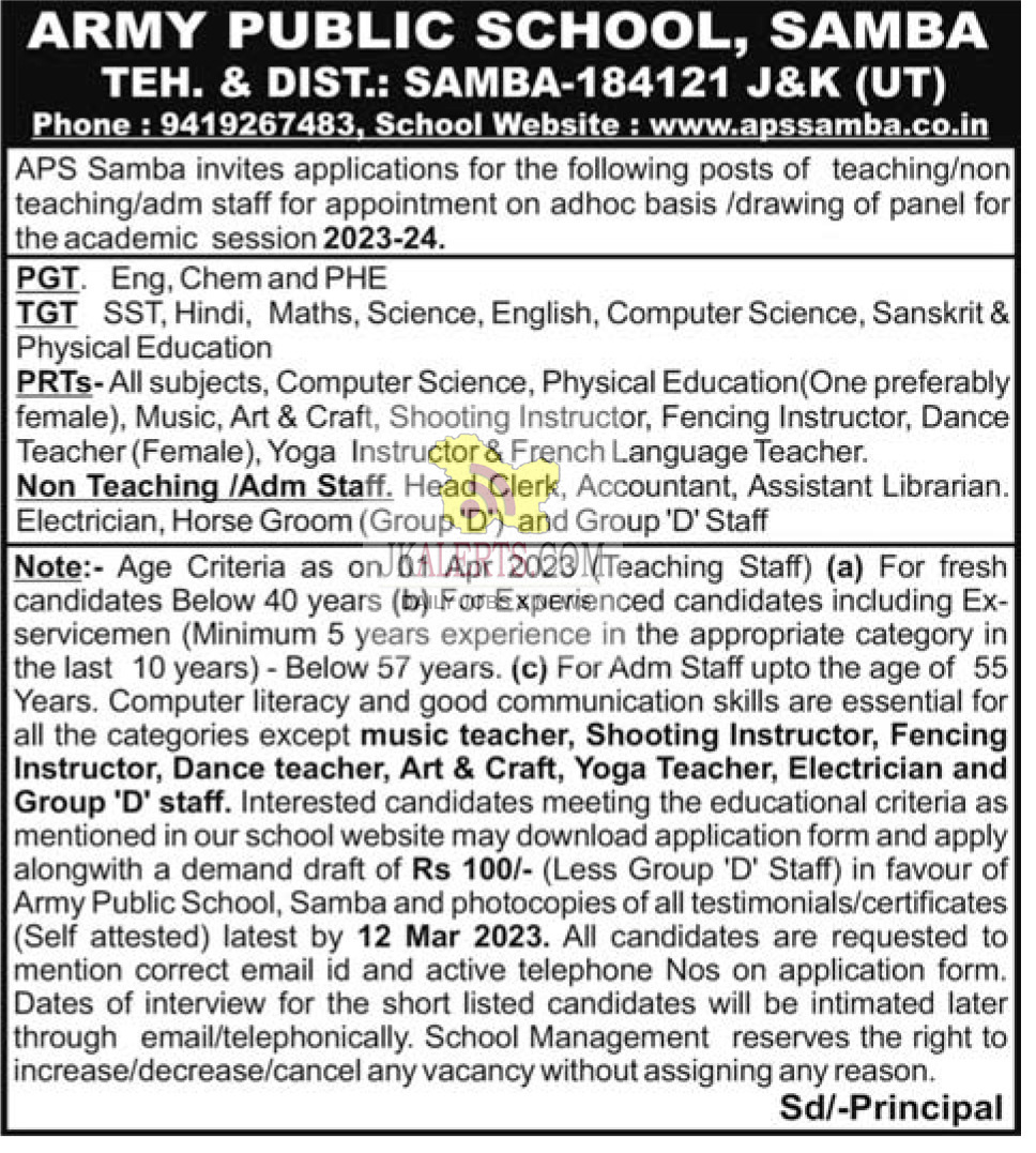 Aps Samba Jobs Recruitment 2023 Jkalerts Jkupdates