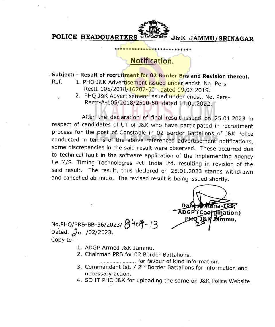 Results of Two Border Battalions stand withdrawn and cancelled.