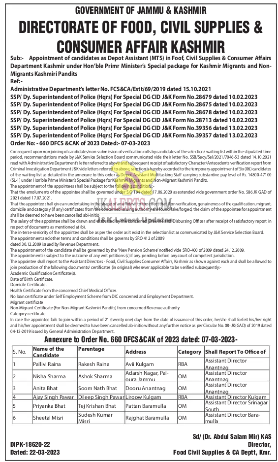 Appointment of Depot Assistant in Food, Civil Supplies, and