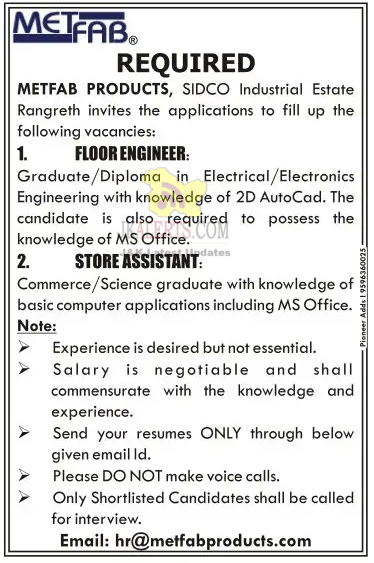 Floor Engineer and Store Assistant Jobs in Metfab Products, SIDCO ...