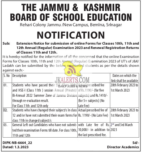 Jkbose Extension Notice For Submission Of Online Forms Examination And