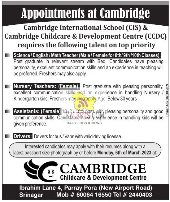 Cambridge International School (CIS) Jammu and Kashmir Jobs NEWS updates JKAlerts.