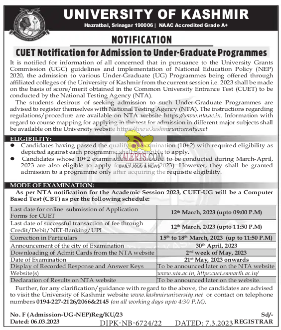 Kashmir University CUET Notice for Admission to UGProgrammes
