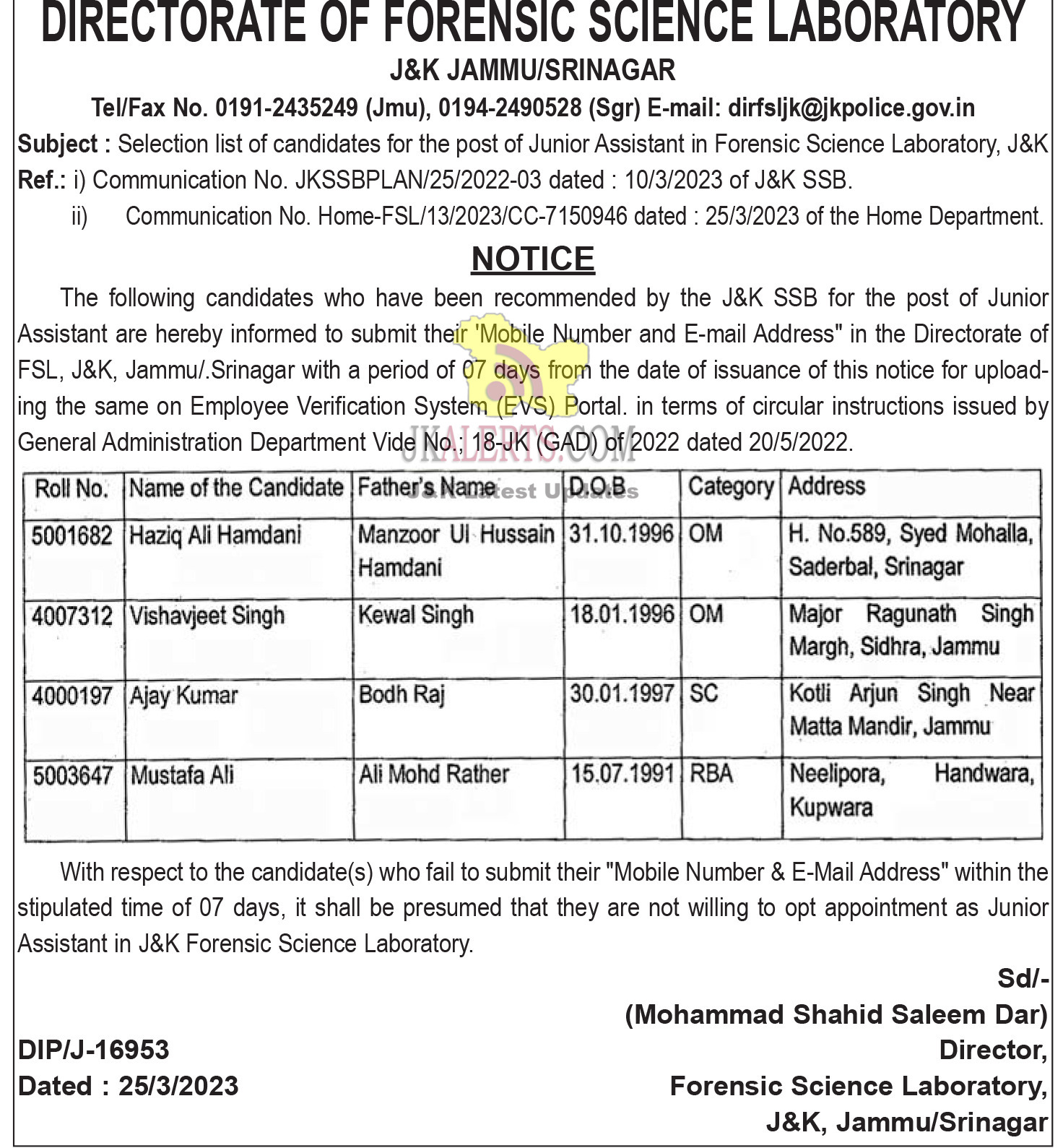 Selection List For The Post Of Junior Assistant In Forensic