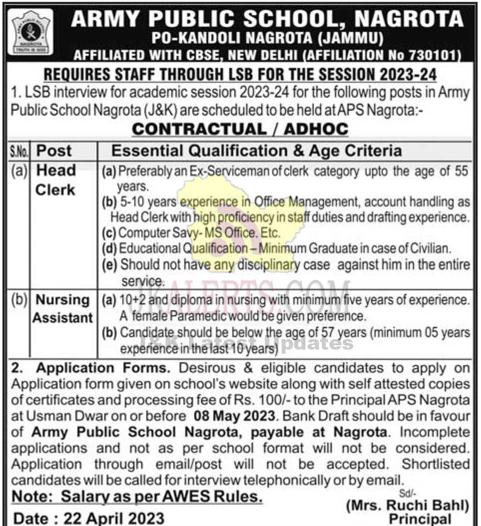 Army Public School Aps Nagrota Jobs Recruitment 2023 