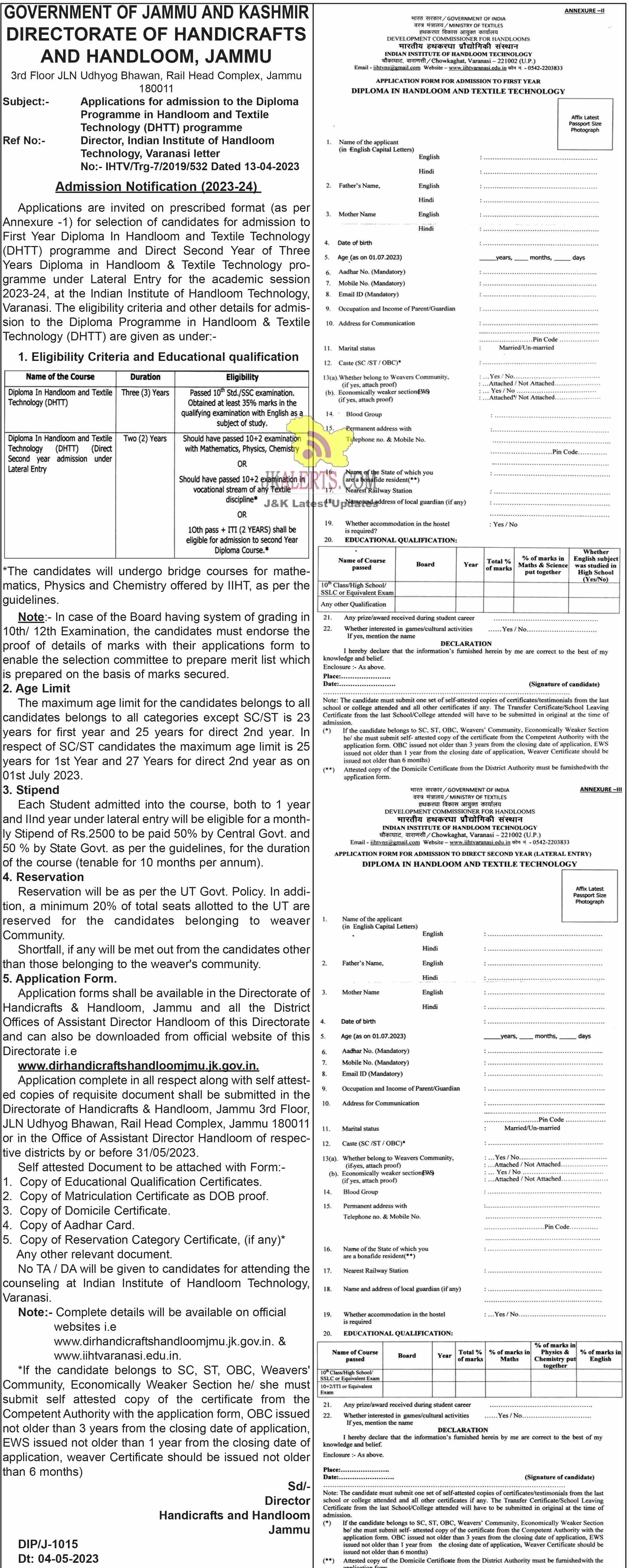 Admission open to Diploma in Handloom and Textile Technology