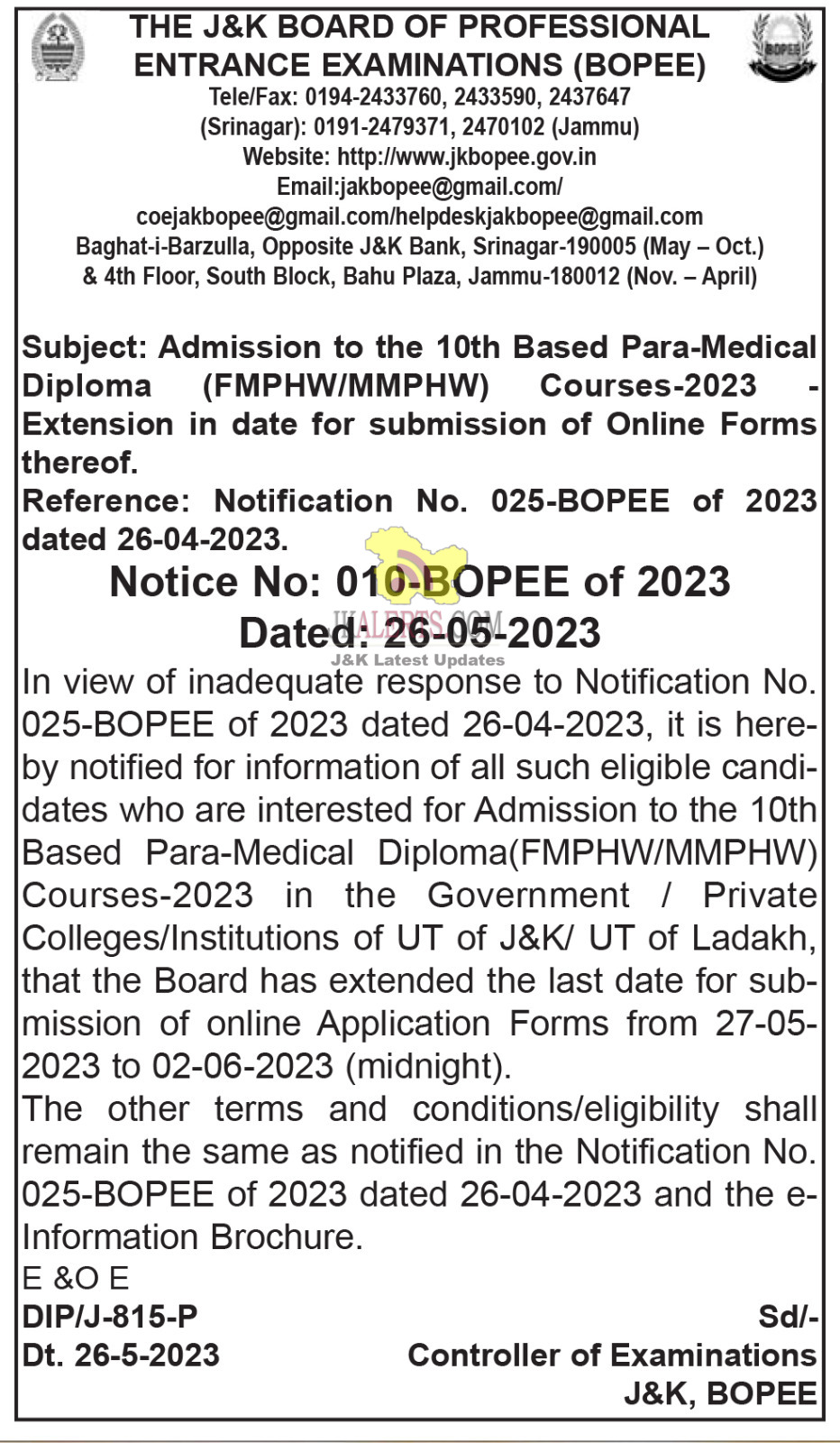 JKBOPEE Admission to 10th Based FMPHW/MMPHW Courses