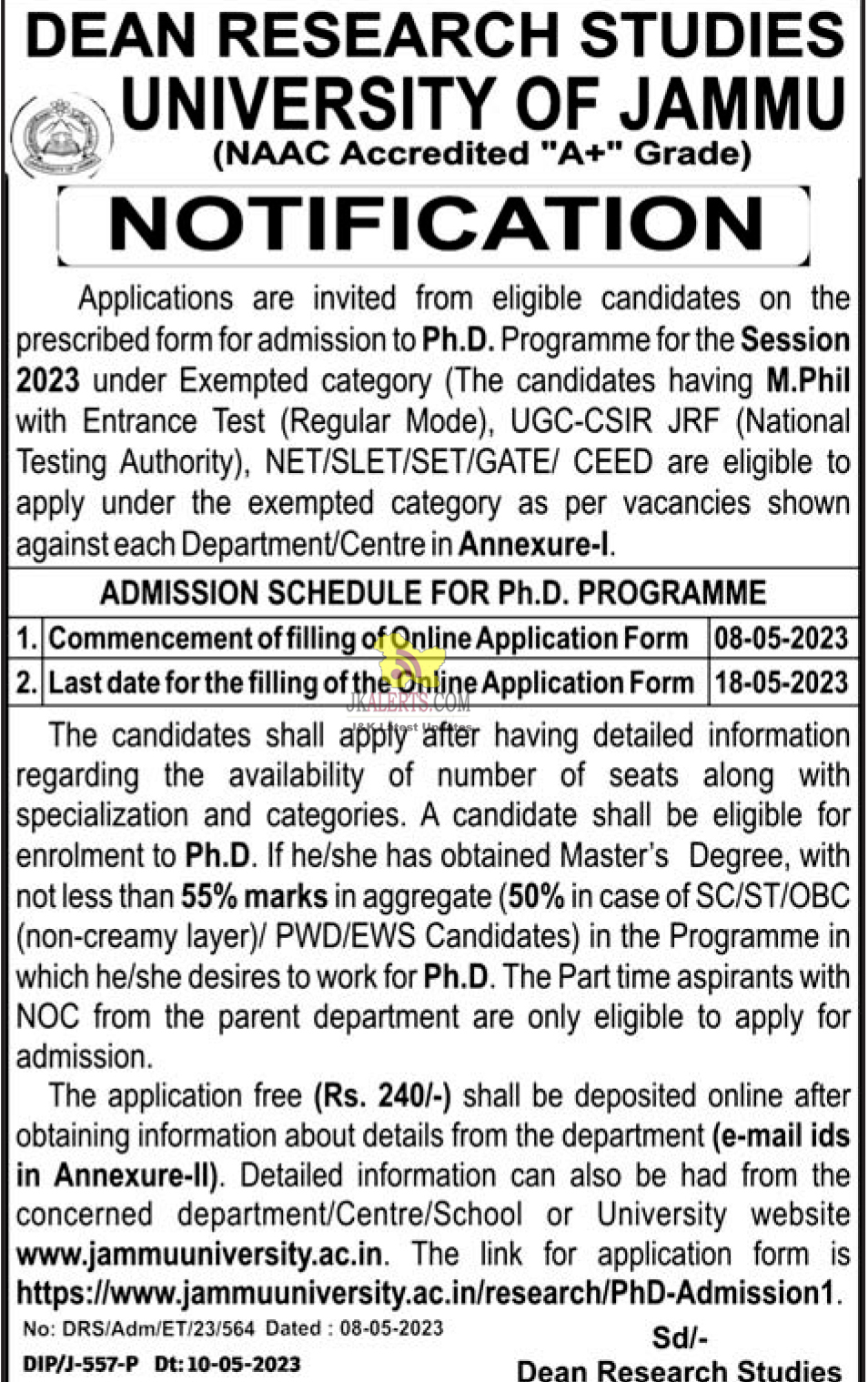 central university jammu phd admission 2023