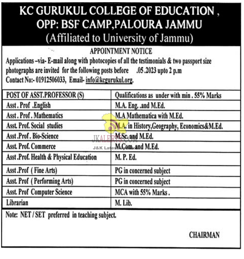 Assistant Professor Jobs in KC Gurukul College of Education.