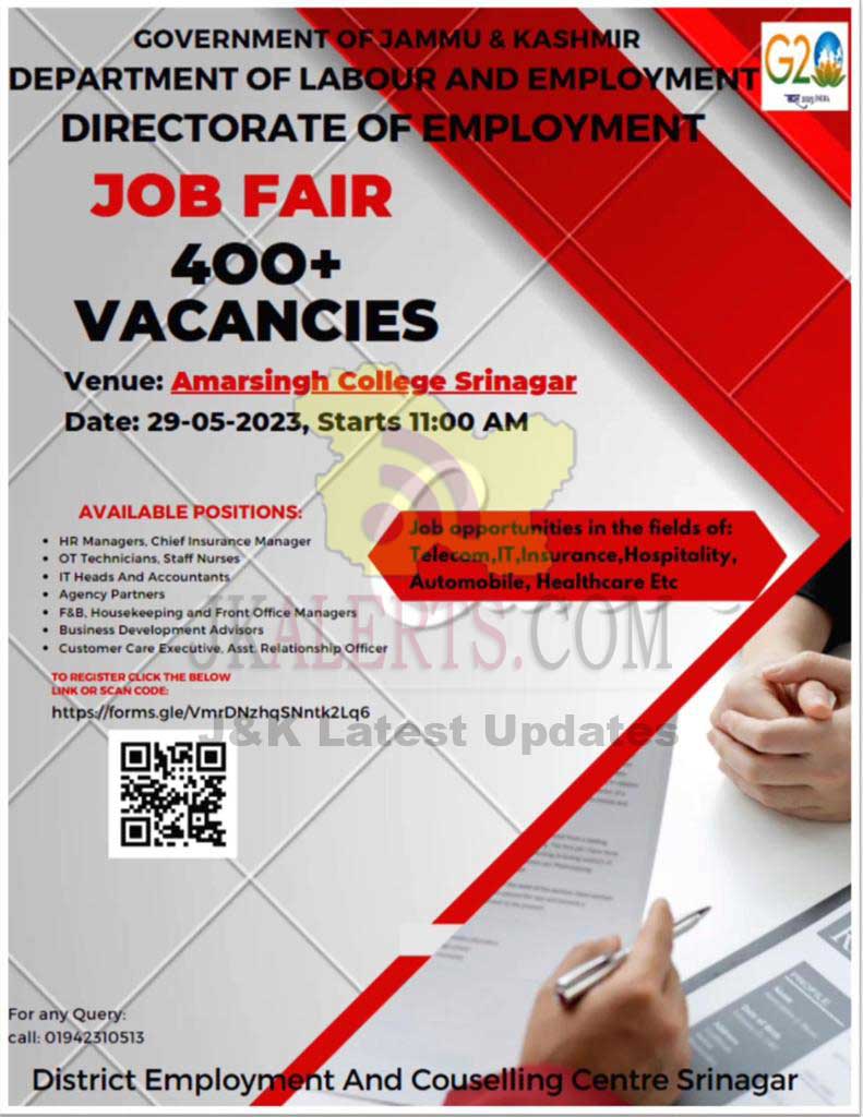 Job Fair 400+ Vacancies register now. JKAlerts JK Updates.