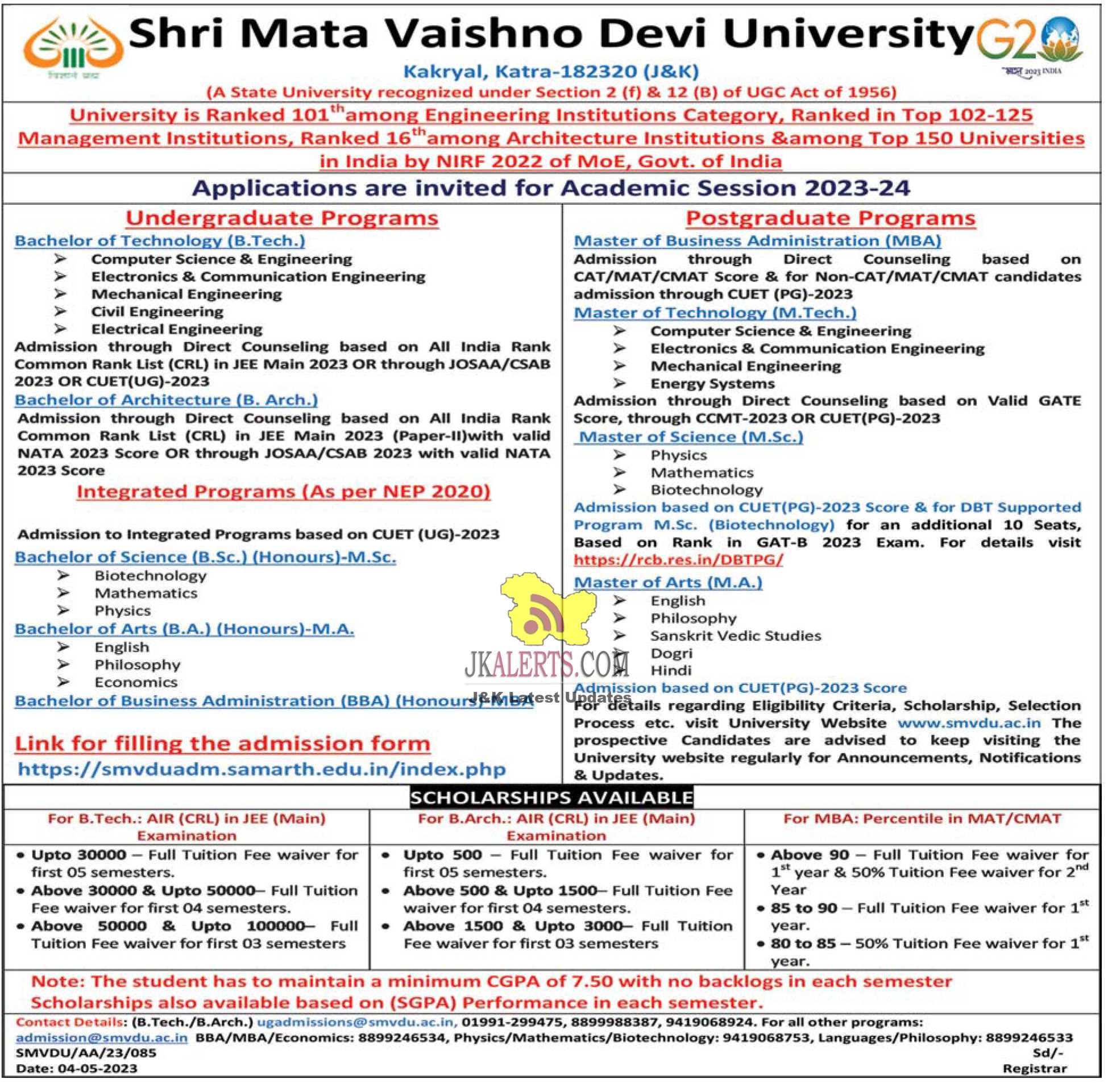 Shri Mata Vaishno Devi University SMVDU Admission | JKalerts