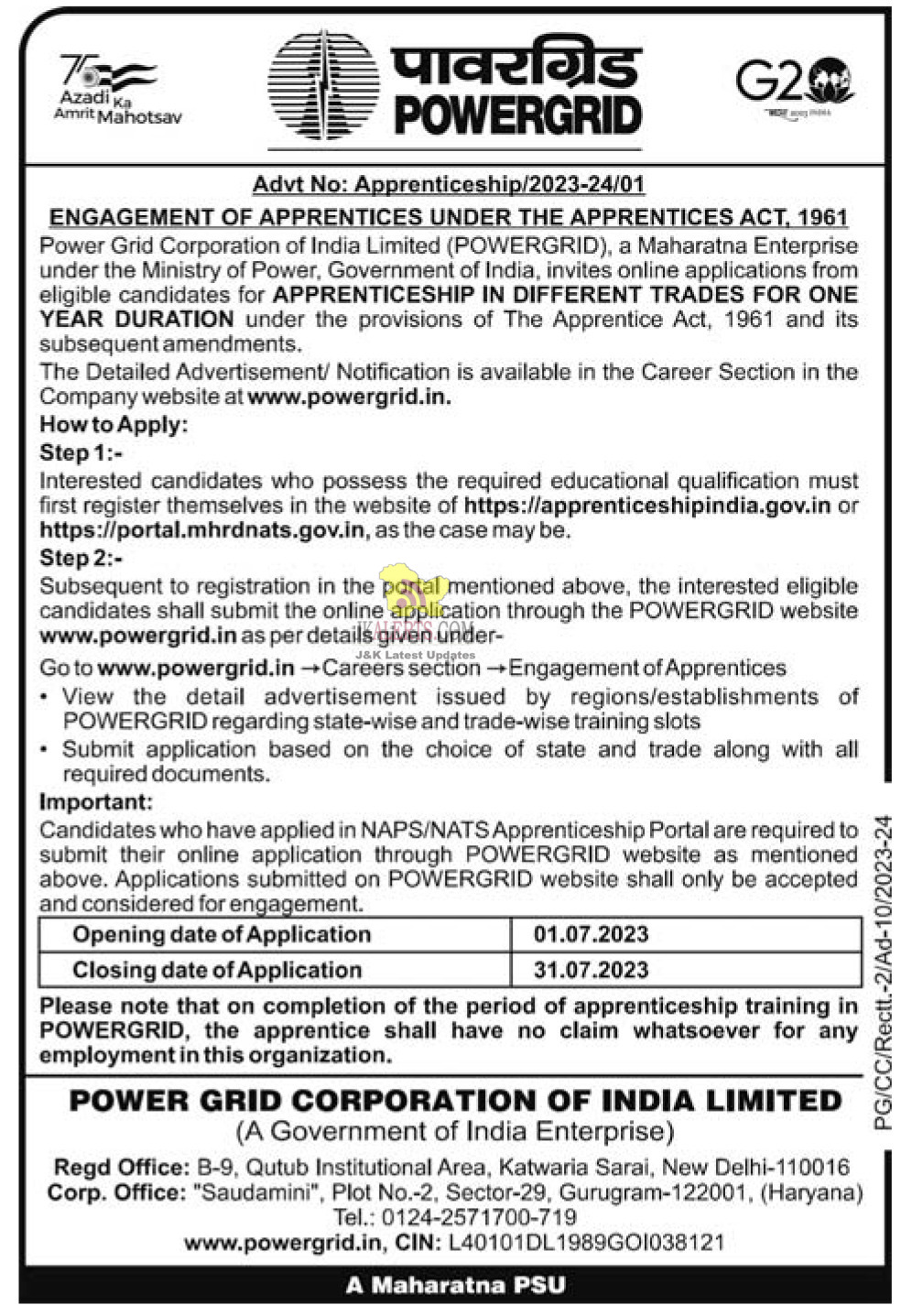 Jobs In Power Grid Corporation Of India Limited Govt Private Jobs