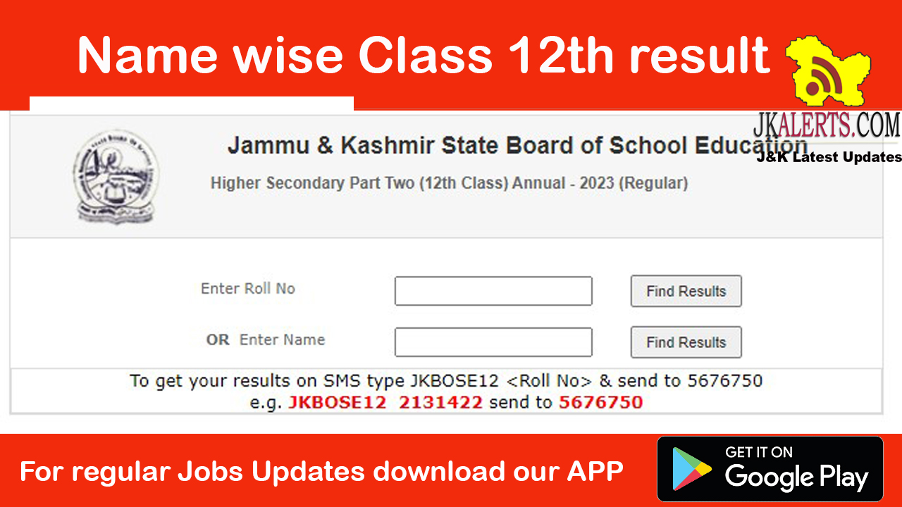 JKBOSE Class 12th Name wise Result. JKAlerts JK Updates.