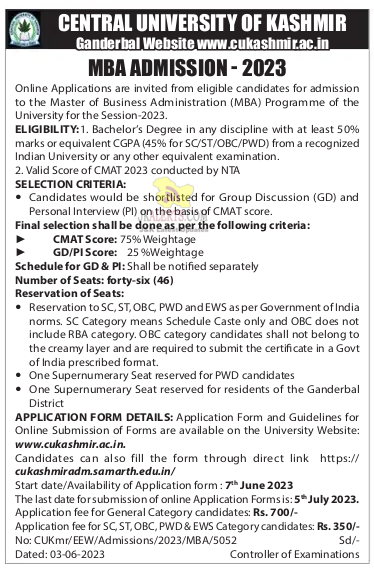 Central University of Kashmir Notification Regarding MBA Admission ...