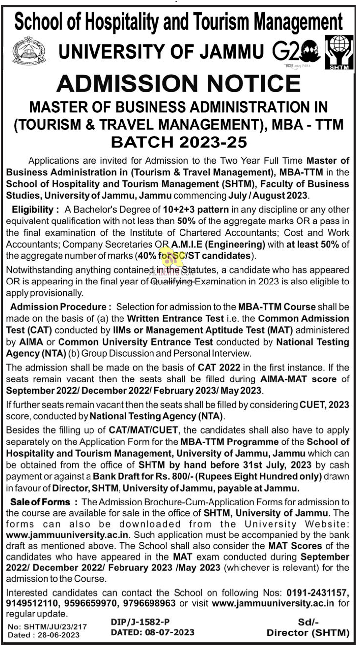 Jammu University MBA TTM Admission Notice.