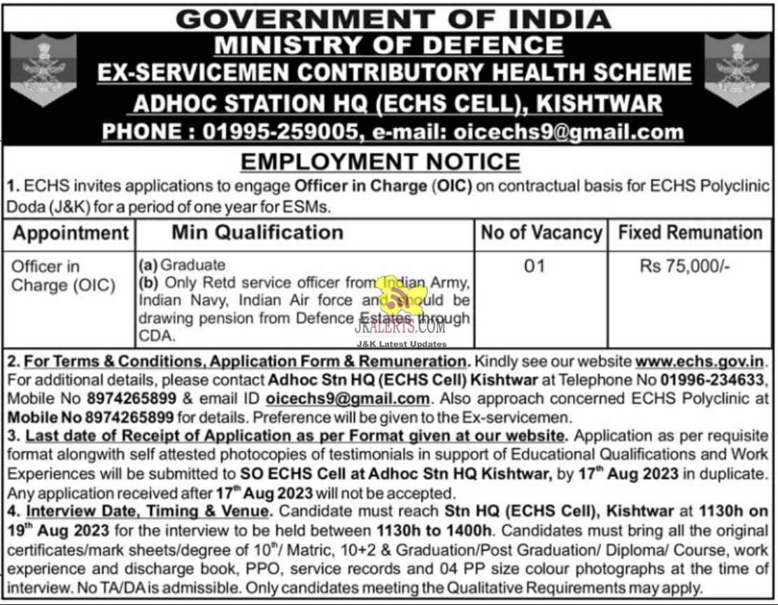 Echs Officer Incharge Recruitment 2023 Jkalerts Jk Updates