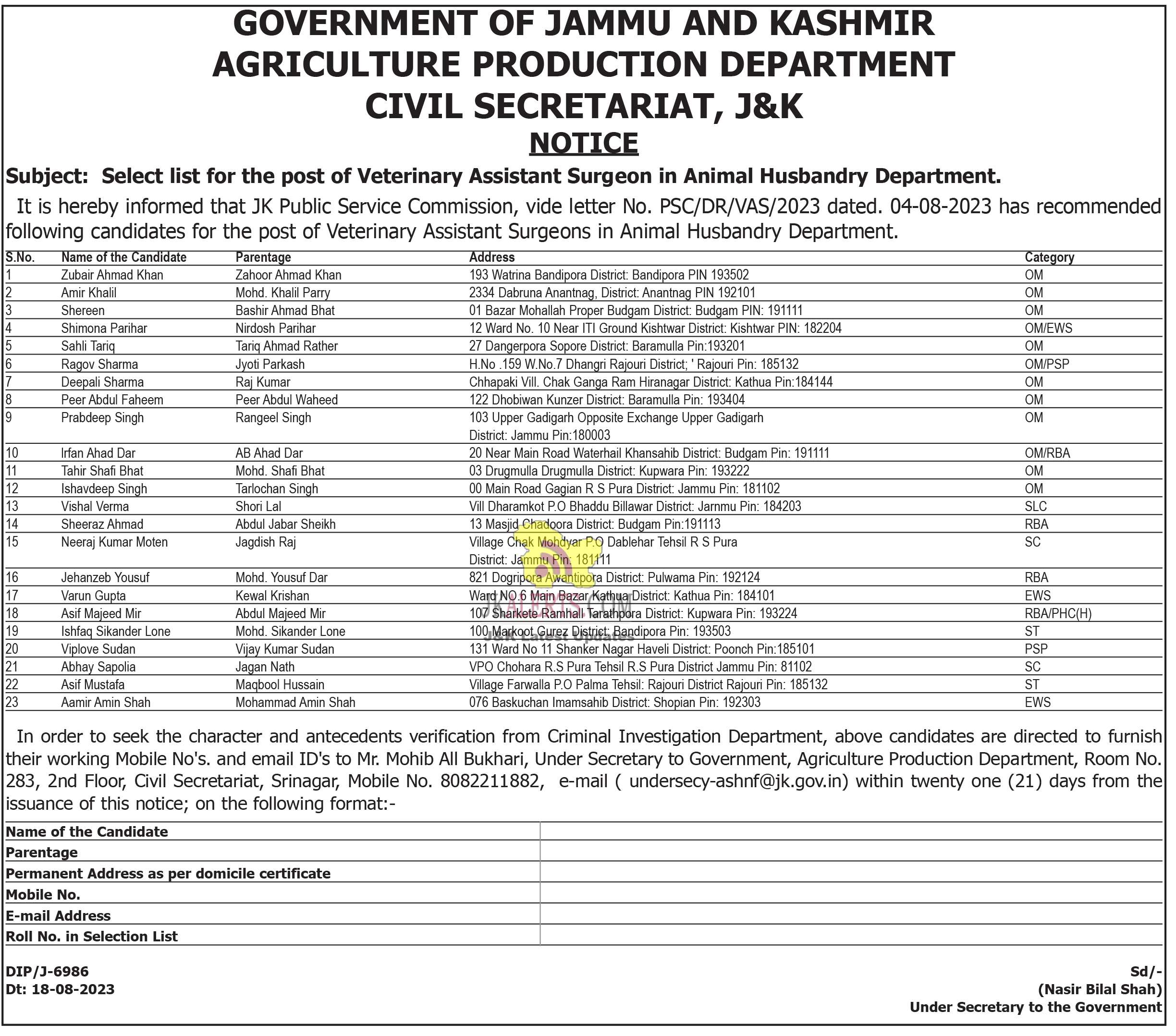 Animal Husbandry Dept. Veterinary Assistant Selection list.