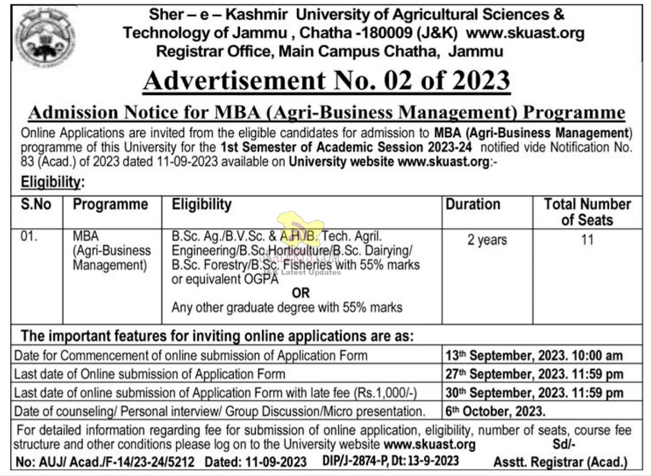 SKUAST Admission Notice for MBA (AgriBusiness Management)