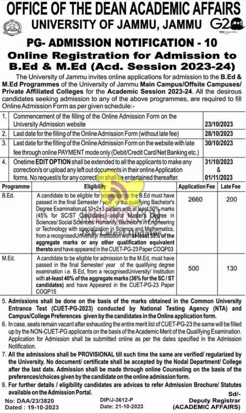 University of Jammu PG Admission Notice. | JKAlerts JK