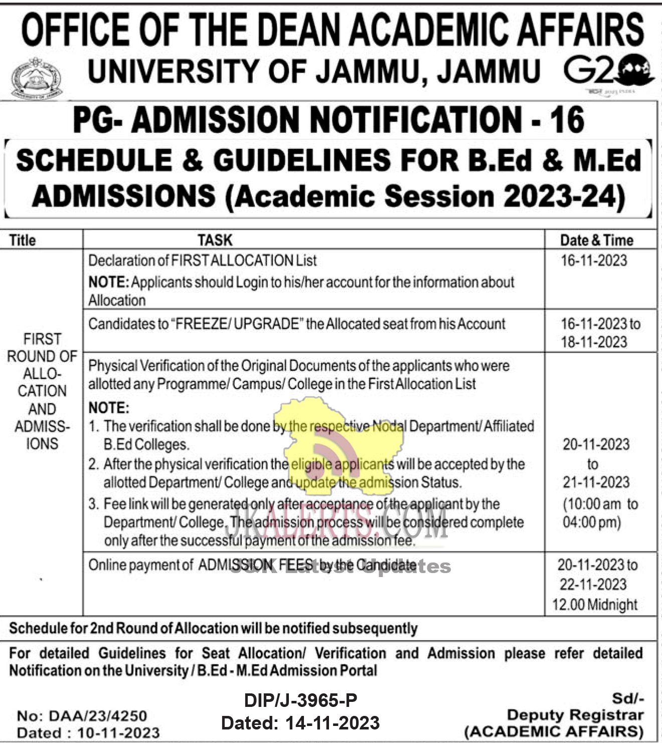Jammu University B.Ed & M.Ed Admission Schedule & guidelines. – Govt ...