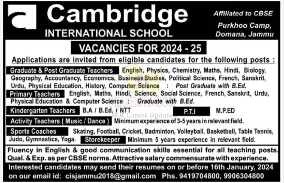 Cambridge International School Jobs. Govt Private Jobs updates Jammu, Kashmir, JKSSB, JKALERTS